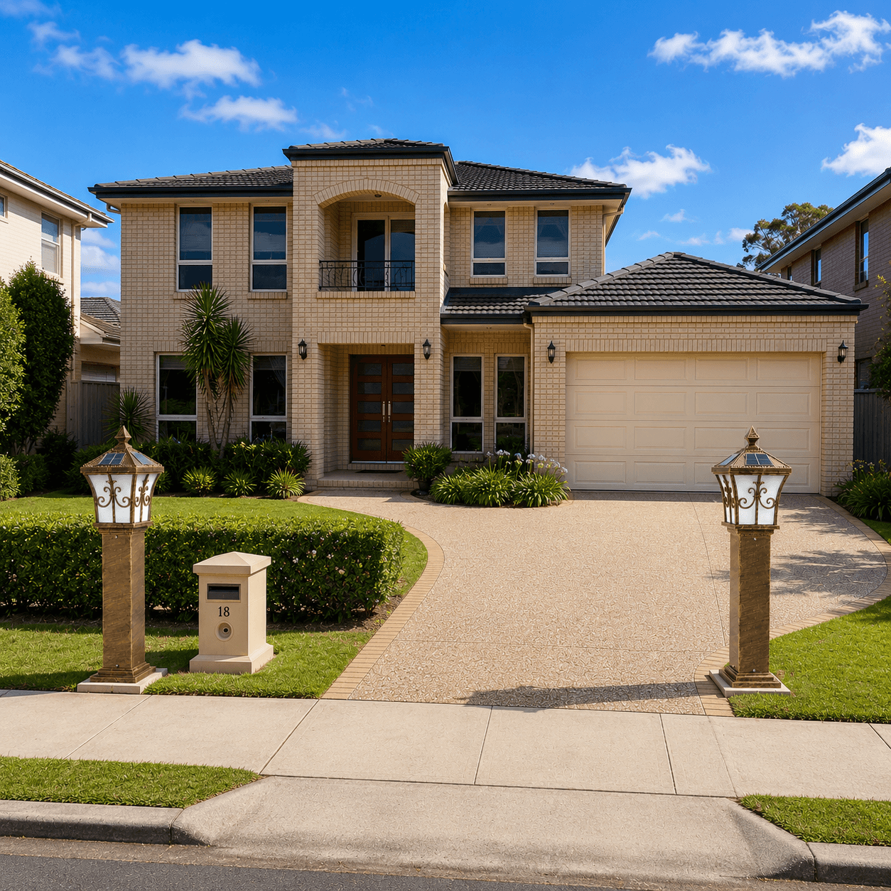 Solar pillar light bronze option installed as a walkway post light along a residential concrete driveway entrance, highlighting decorative front garden landscaping.