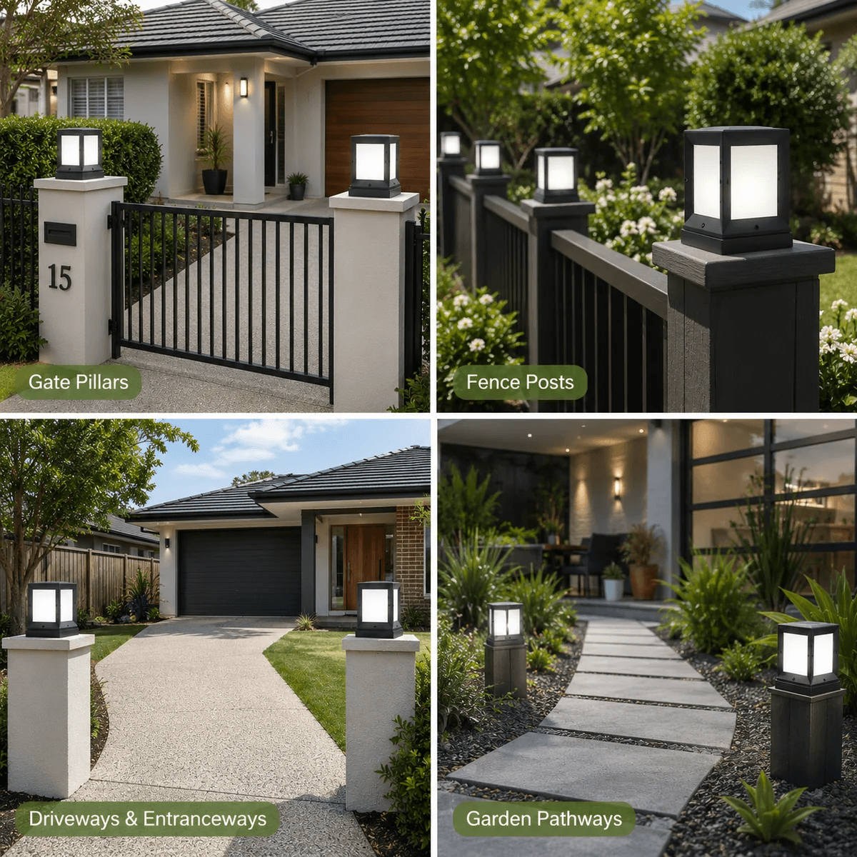 Solar pillar light shown in four placement settings including gate pillars fence posts driveways and entranceways and garden pathways around Australian homes