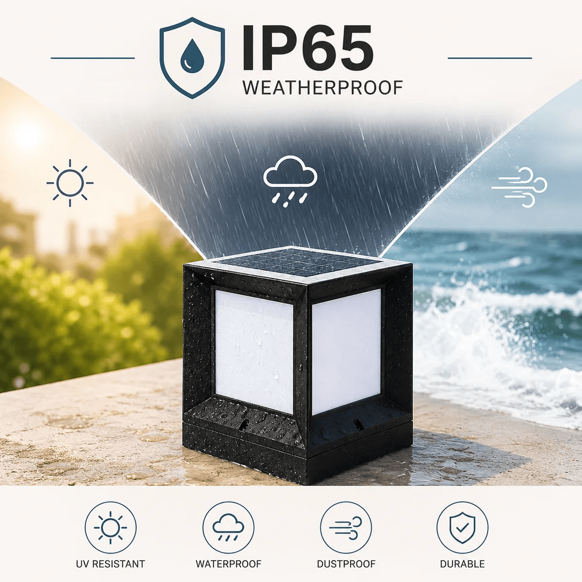 Solar pillar light outdoor IP65 weatherproof rating infographic showing the gate cap light is UV resistant waterproof dustproof and durable in all weather conditions