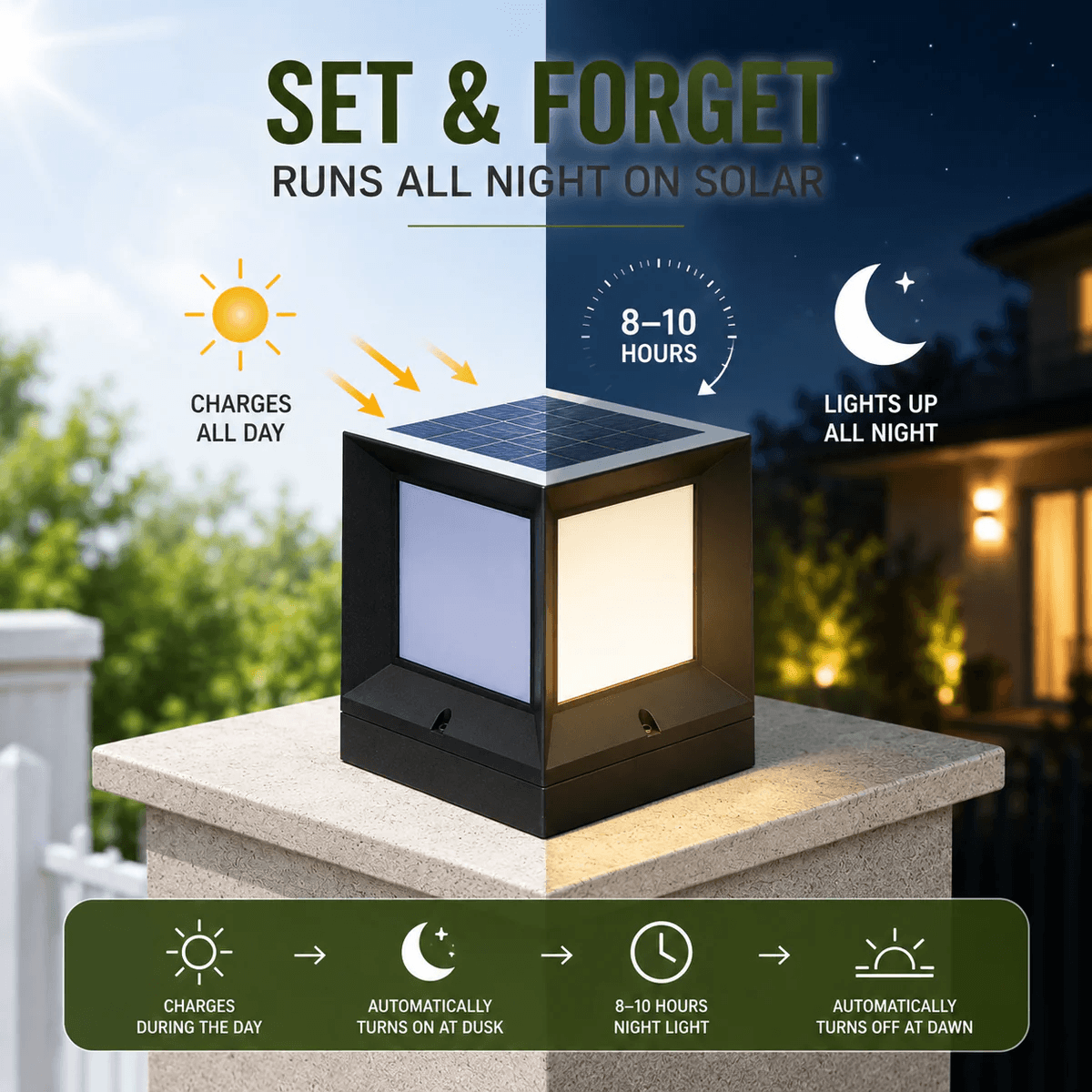 Solar pillar post light dusk to dawn infographic showing the square solar gate cap light charging all day under the sun and automatically lighting up for 8 to 10 hours every night