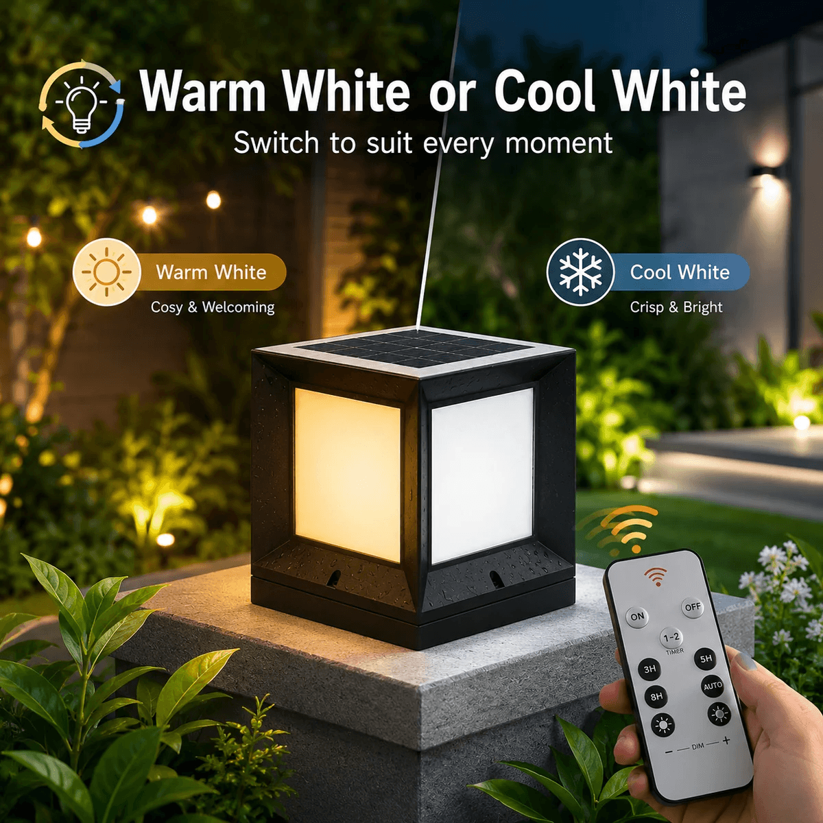 Solar post cap light showing warm white and cool white LED colour modes side by side with remote control used to switch between settings
