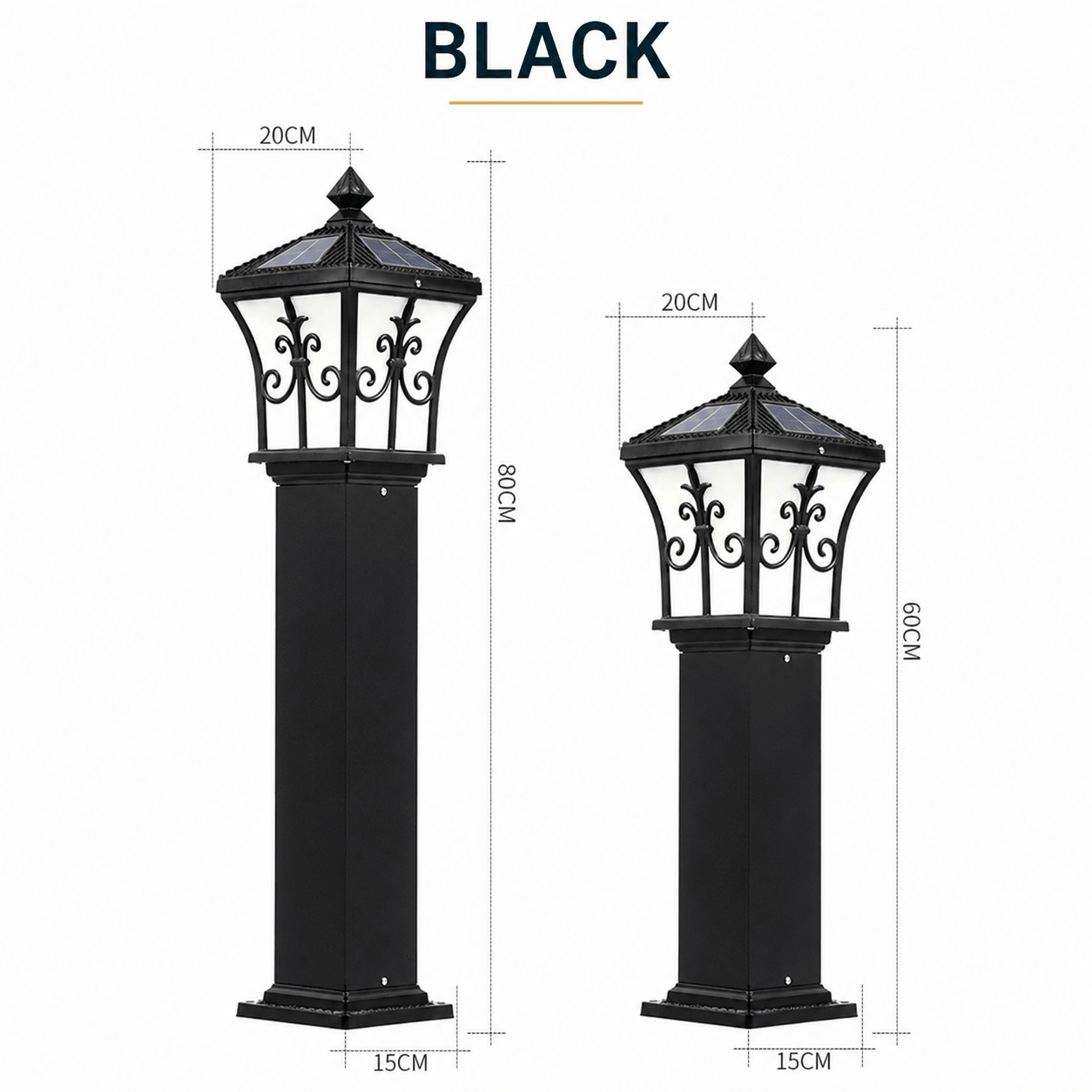 Dimension diagram for the black solar pillar light, showing the 60cm and 80cm total height variations with a 20cm top width and 15cm base width.