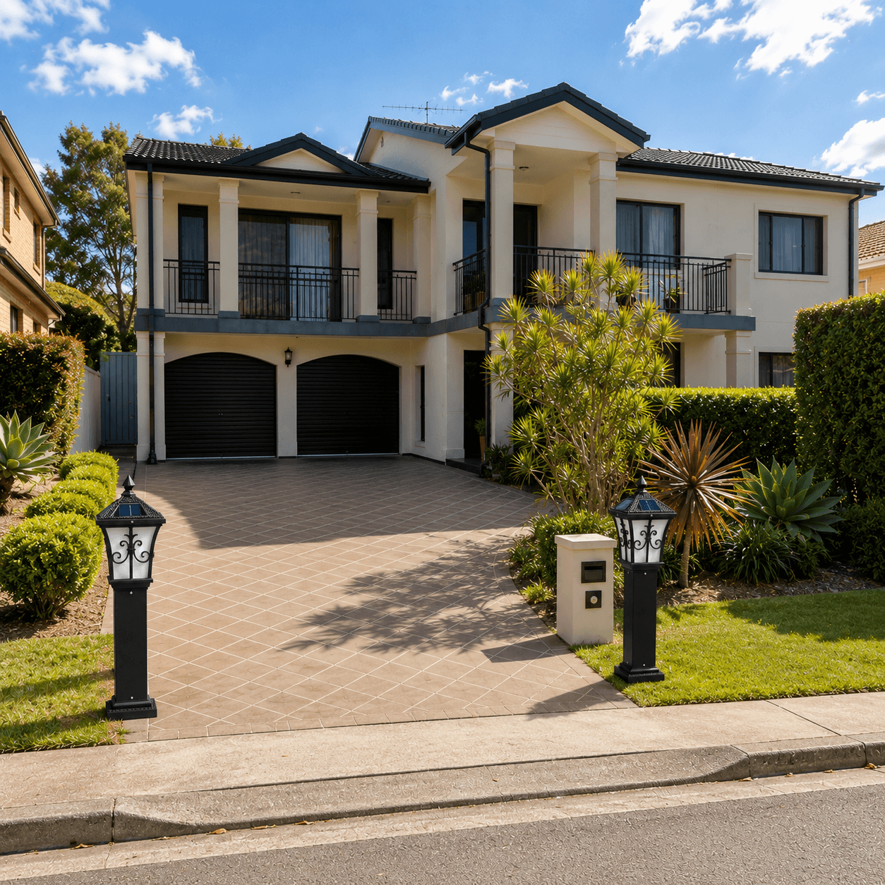 Solar post light Australia yard setup showing a pair of vintage black pillar lights bordering a paved driveway path and lawn landscaping for a two-story home.