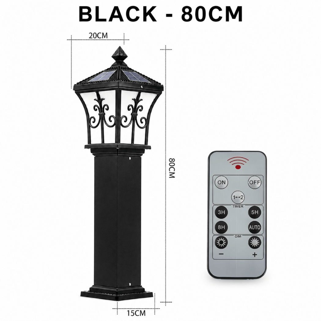 Product graphic for the black 80cm solar post light variant showing its 20cm top and 15cm base dimensions alongside its matching multi-function remote control.