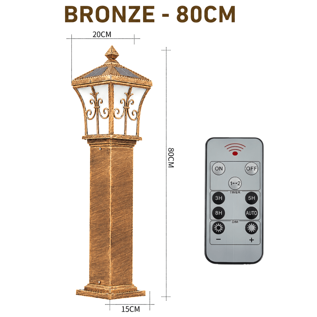 Product graphic for the bronze 80cm solar post light variant showing its 20cm top and 15cm base dimensions alongside its matching multi-function remote control.