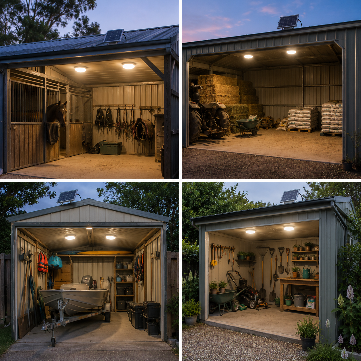 A four-panel grid demonstrating a dual solar ceiling light kit illuminating a rural horse stable, a farm hay barn with a tractor, a coastal boat storage shed, and a standard backyard tool garage.