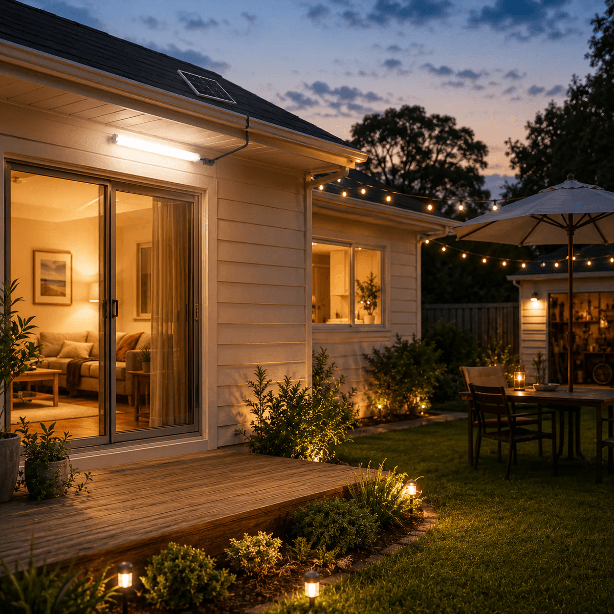 Bright solar powered ceiling light illuminating a backyard wooden deck and outdoor entertaining area at dusk.
