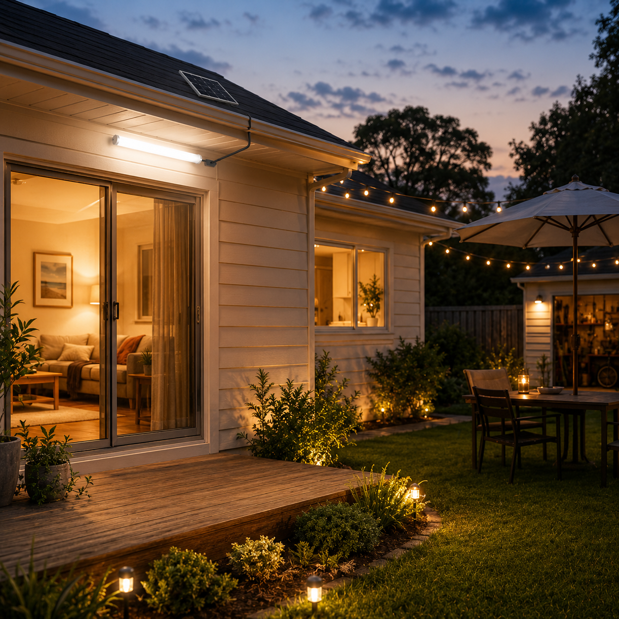 Bright solar powered ceiling light illuminating a backyard wooden deck and outdoor entertaining area at dusk.