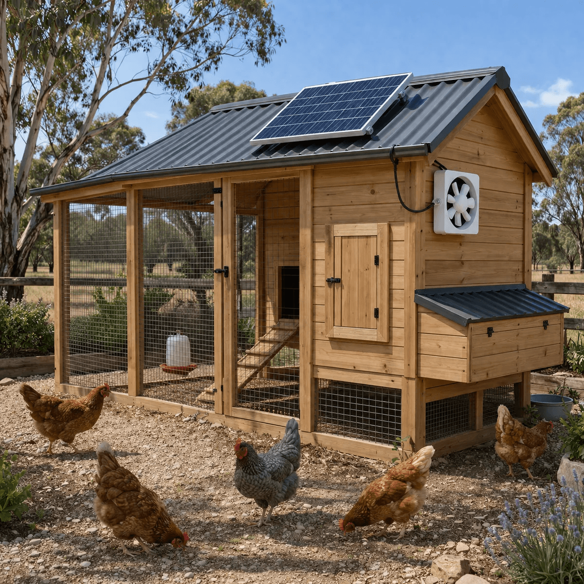 A wall mounted exhaust fan installed on a wooden backyard chicken coop with chickens outside, showing the roof-mounted solar panel providing daytime solar ventilation fan Australia solutions to keep livestock cool.