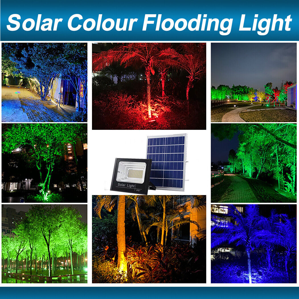 Bright 100W solar-powered LED floodlight with 5 static colors (Green, Red, Blue, Yellow, Warm White) and a dynamic 7-color changing mode. Perfect for festive lighting, Halloween, Christmas, or accenting garages, gardens, and porches—energy-efficient and weather-resistant.