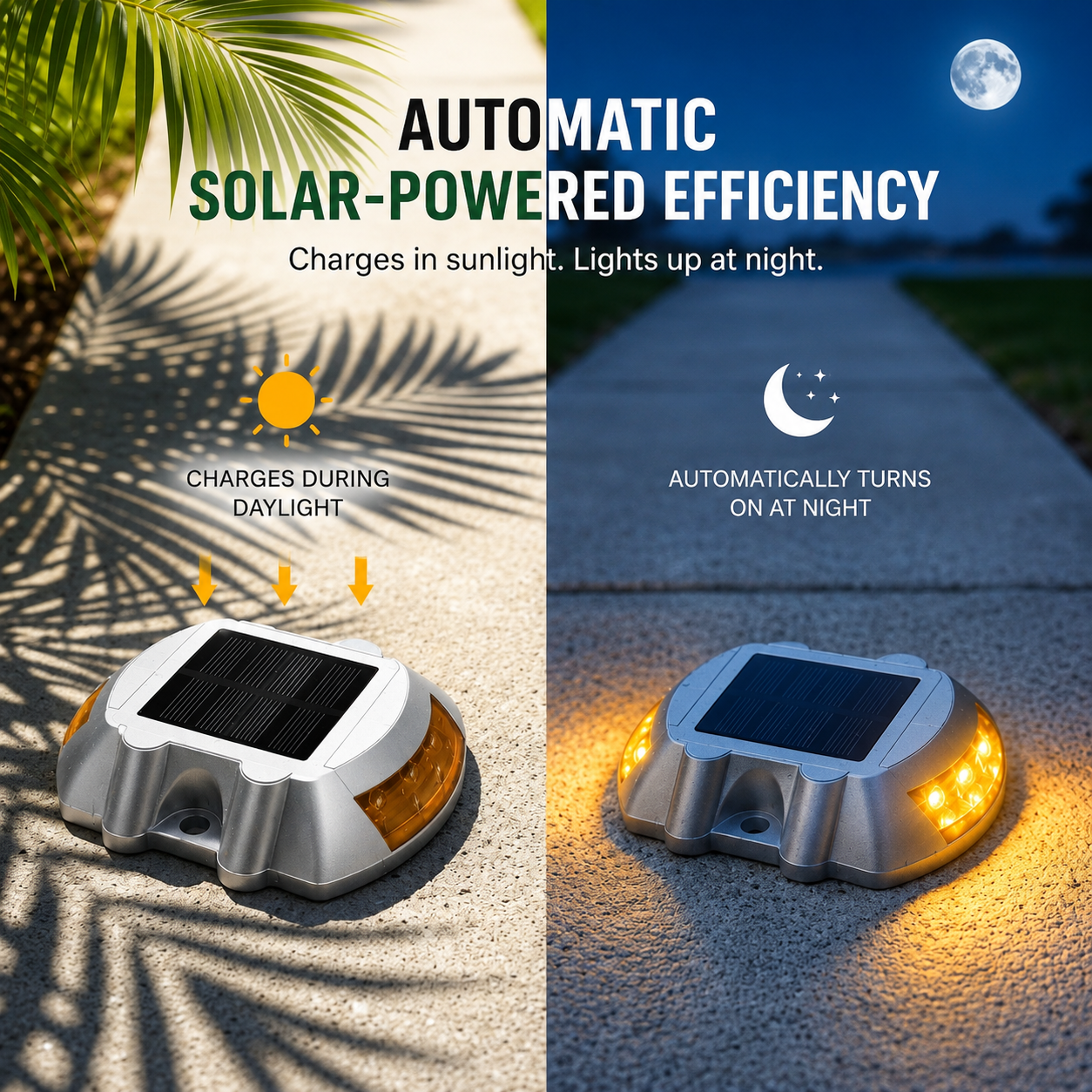 Solar powered driveway stud lights Australia automatically charging during daylight and turning on at night with warm yellow LED, no wiring or manual switching needed