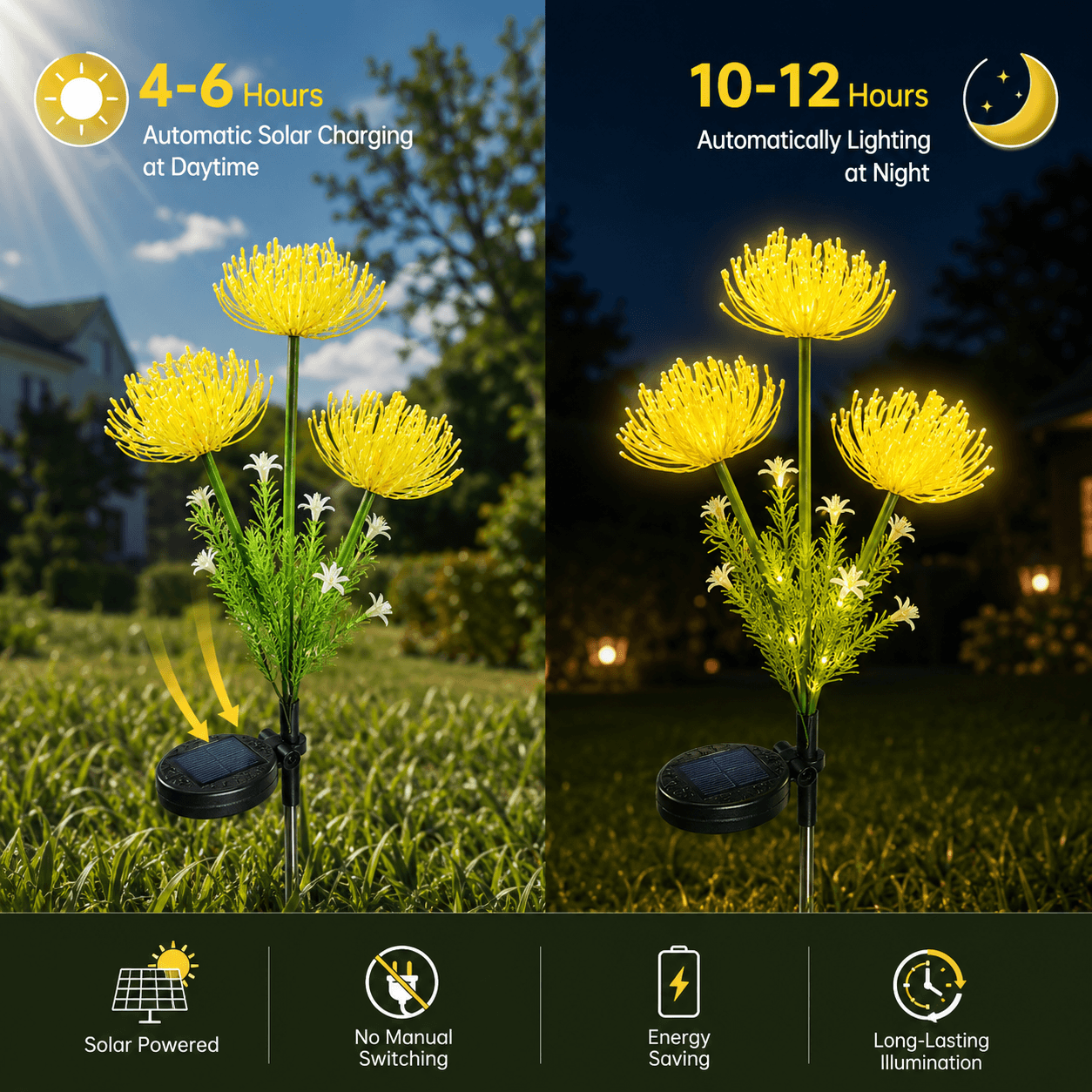 Infographic of solar powered flower lights outdoor showing daytime charging and automatic nighttime illumination features.