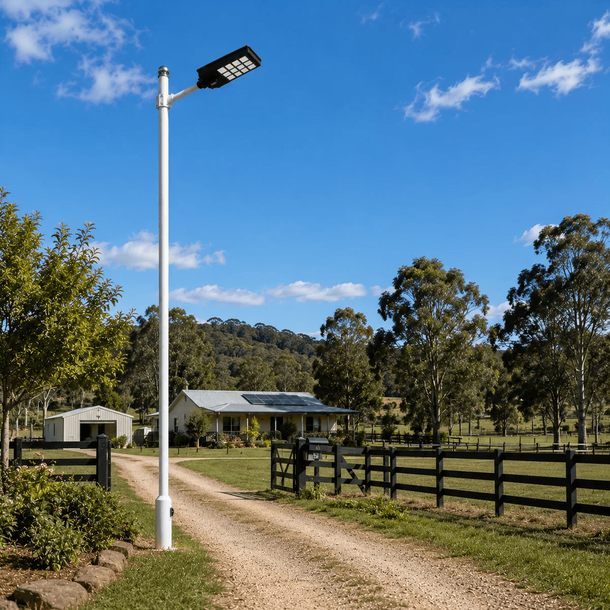 Solar powered street light installed on a white pole illuminating a rural farm front gate and property entrance in Australia