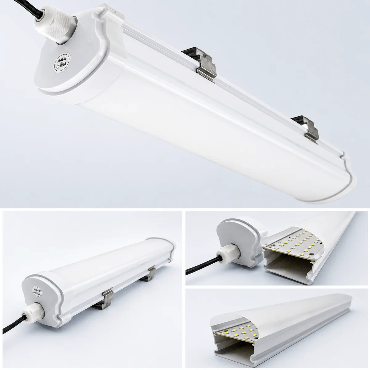 Technical view of a rigid solar powered led tube light fixture showing the internal led diode strips and stainless steel mounting clips.