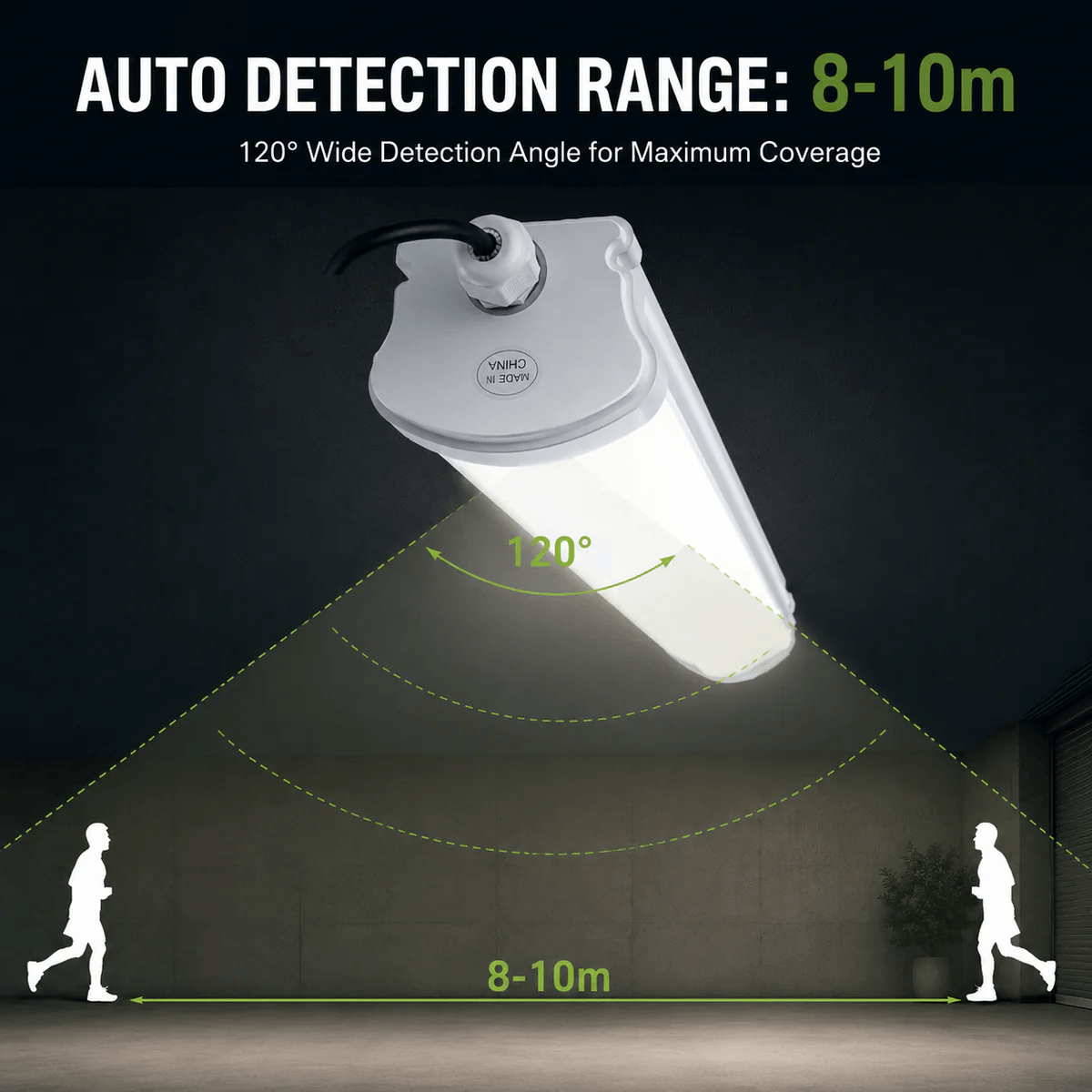 Solar powered LED tube light showing an 8-10m auto detection range and a 120 degree wide motion sensor angle.