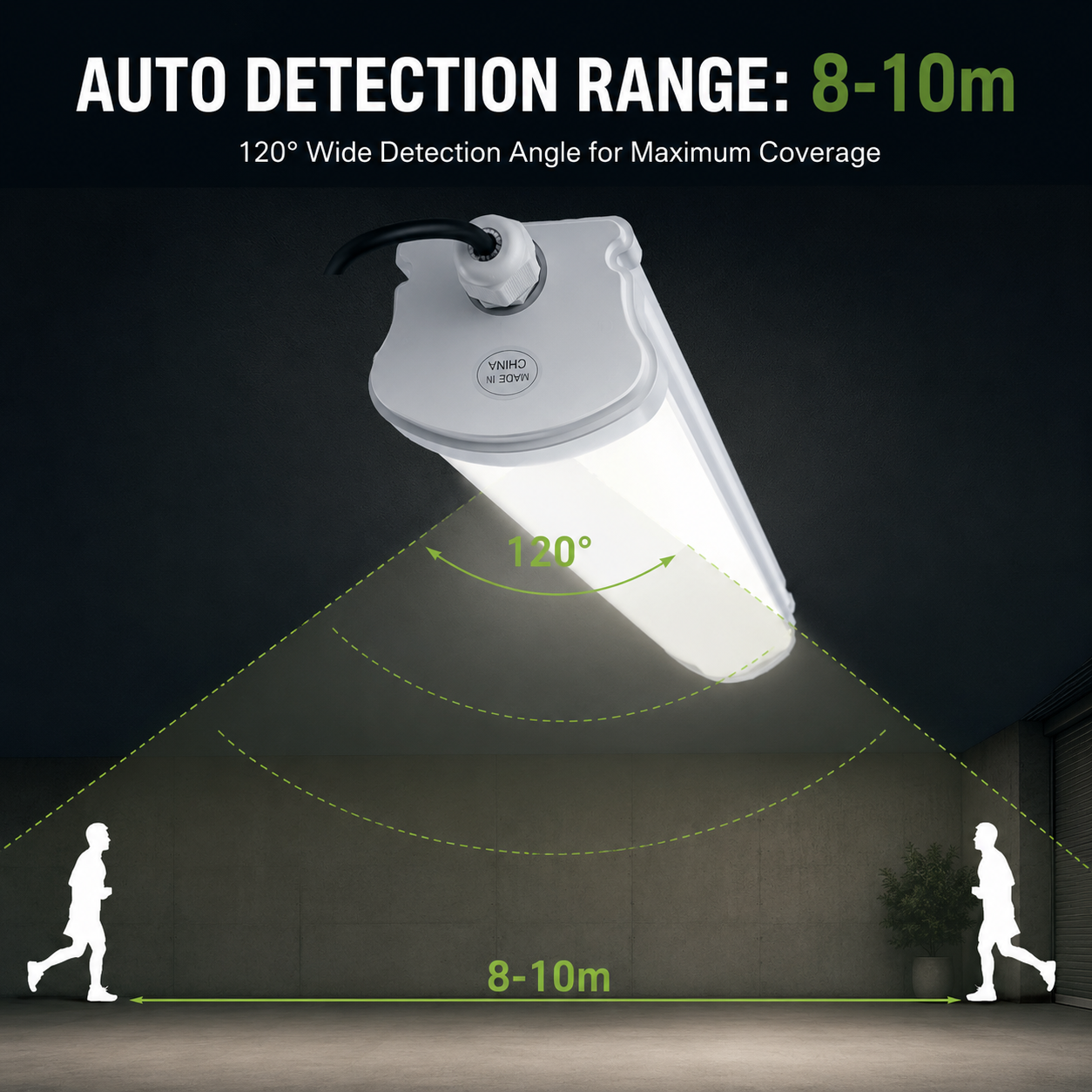 Solar powered LED tube light showing an 8-10m auto detection range and a 120 degree wide motion sensor angle.