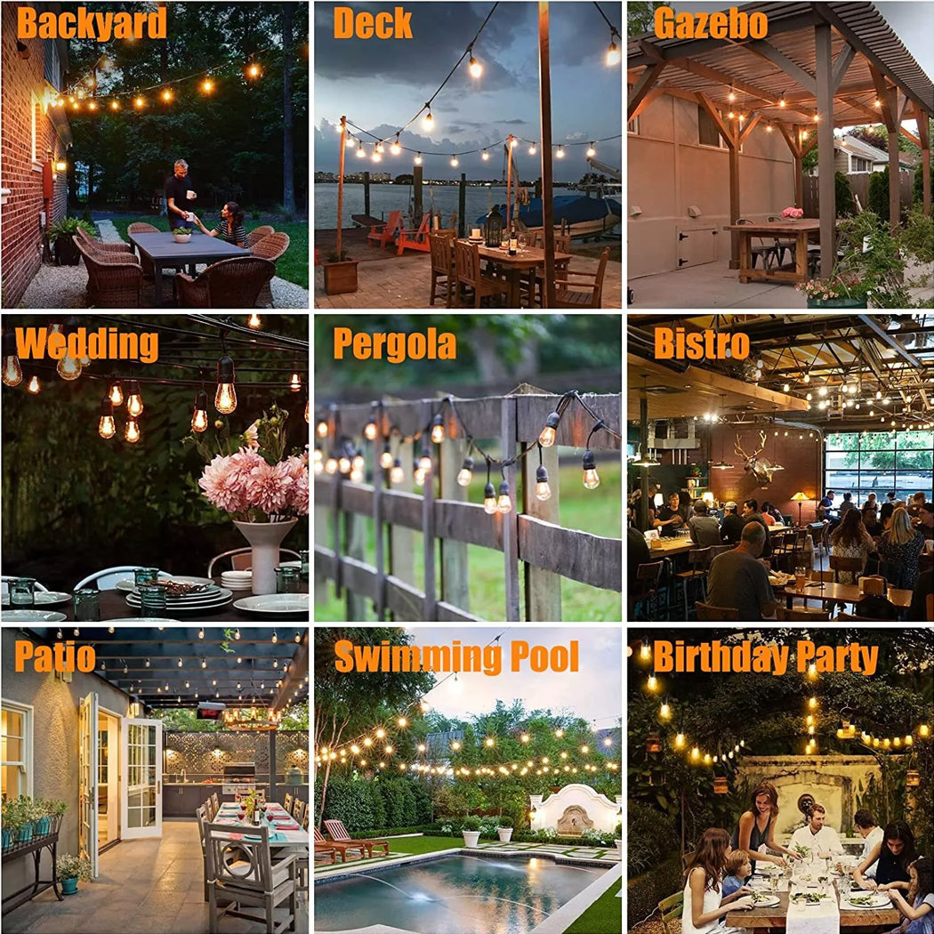 A grid panel showing solar powered outdoor string lights decor ideas across an Australian backyard timber deck wooden gazebo outdoor wedding reception backyard pergola bistro dining patio pool area and birthday party