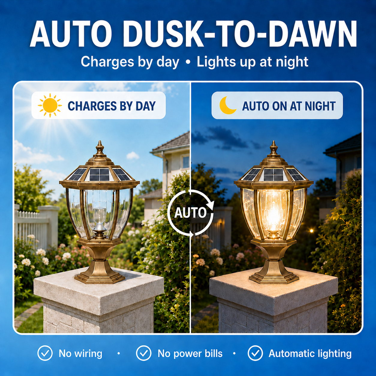 An infographic demonstrating solar powered pillar lights with an automatic dusk to dawn sensor charging by day and lighting up on brick columns at night.