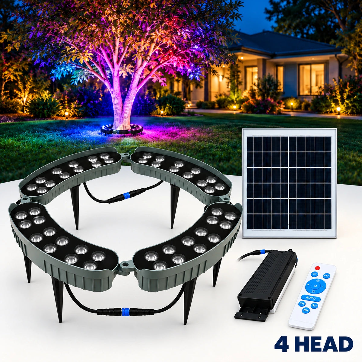 Solar powered 4-head RGB LED tree ring light assembly kit shown with monocrystalline solar panel, battery box, remote control, and a background preview of a tree illuminated in colorful purple and pink uplighting
