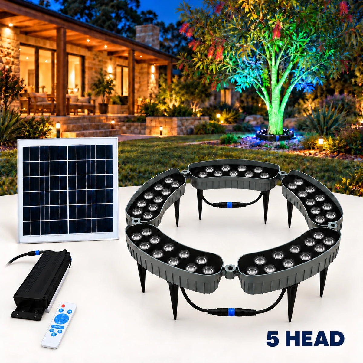 Solar powered 5-head RGB LED tree ring light assembly kit shown with a monocrystalline solar panel, control box, remote control, and a background preview of a front garden tree illuminated in dynamic green and blue uplighting