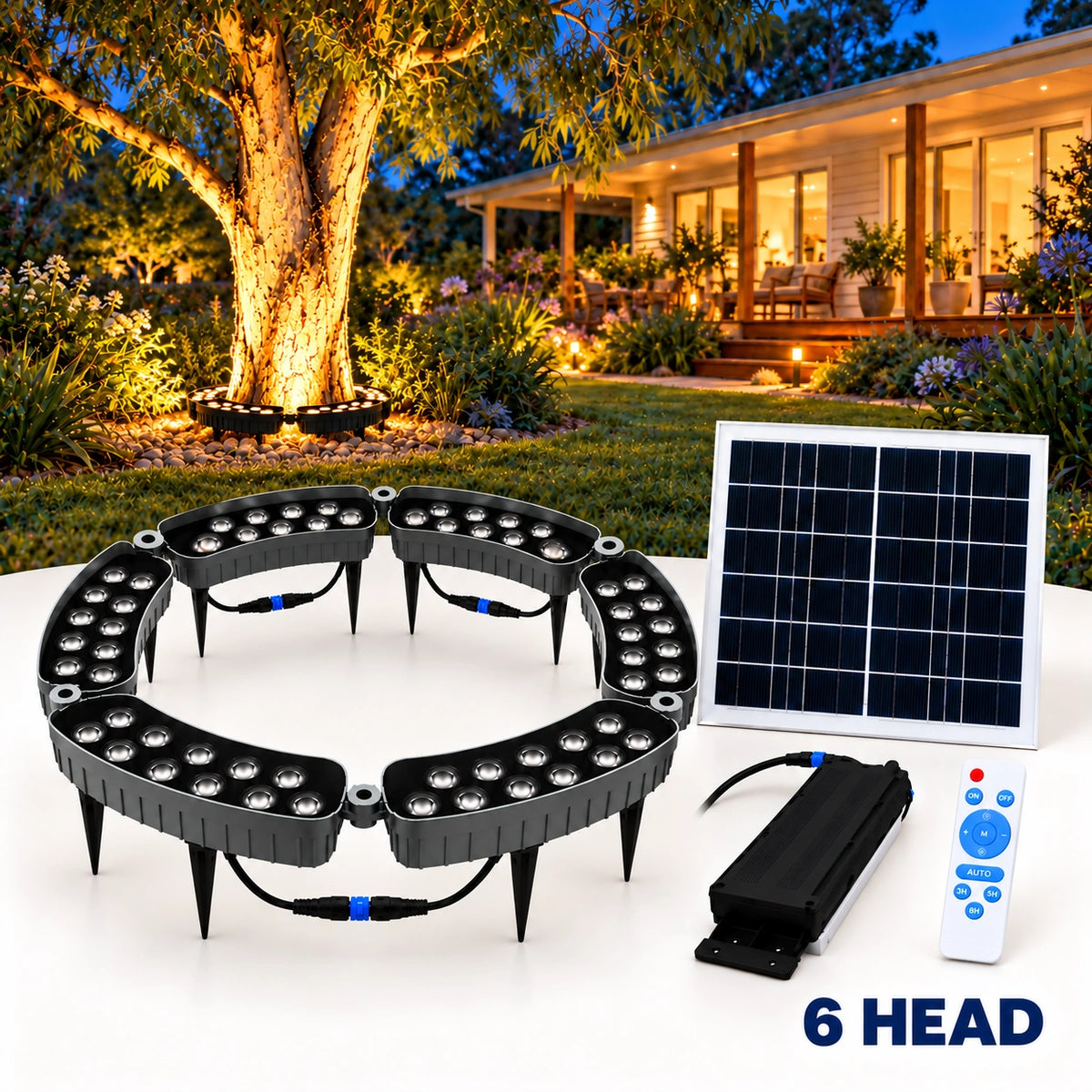 Solar powered 6-head RGB LED tree ring light assembly kit shown with monocrystalline solar panel, battery box, remote control, and a background preview of a large backyard garden tree illuminated in warm white uplighting