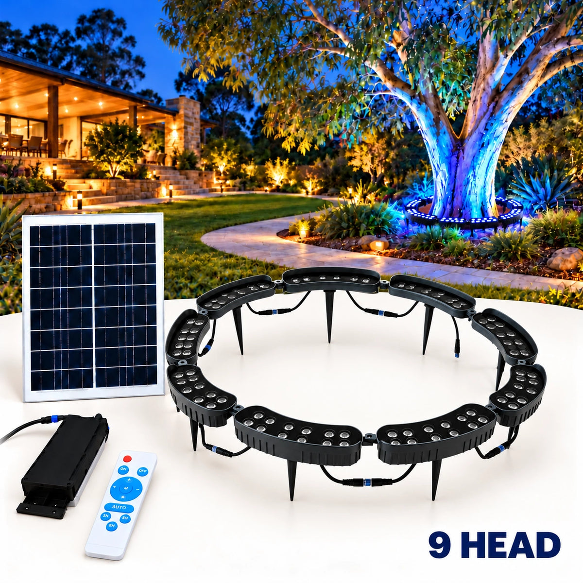 Solar powered 9-head RGB LED tree ring light assembly kit shown with a 20W monocrystalline solar panel, 15000mAh battery box, remote control, and a background preview of a large backyard garden tree illuminated in vibrant blue and green uplighting