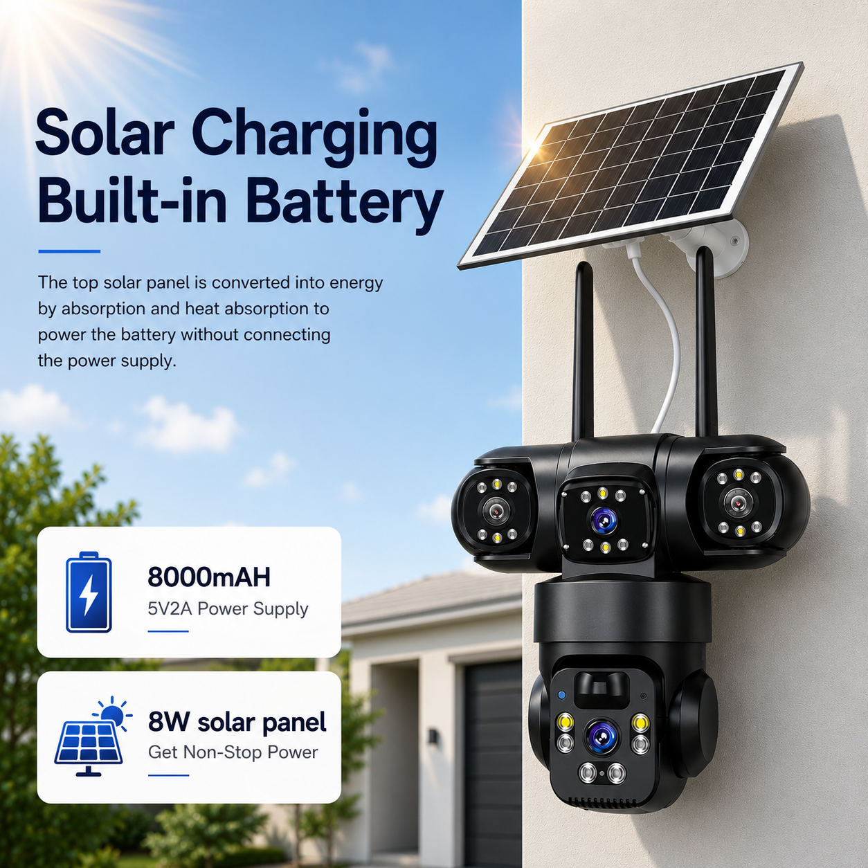 Solar powered security camera kit highlighting the 8W solar panel and 8000mAh built-in rechargeable battery for non-stop off-grid power supply on outdoor Australian properties.