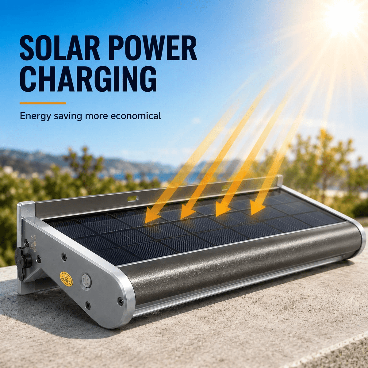 An infographic demonstrating the built-in solar panel layout of a solar powered sign light charging efficiently under direct outdoor sunlight.