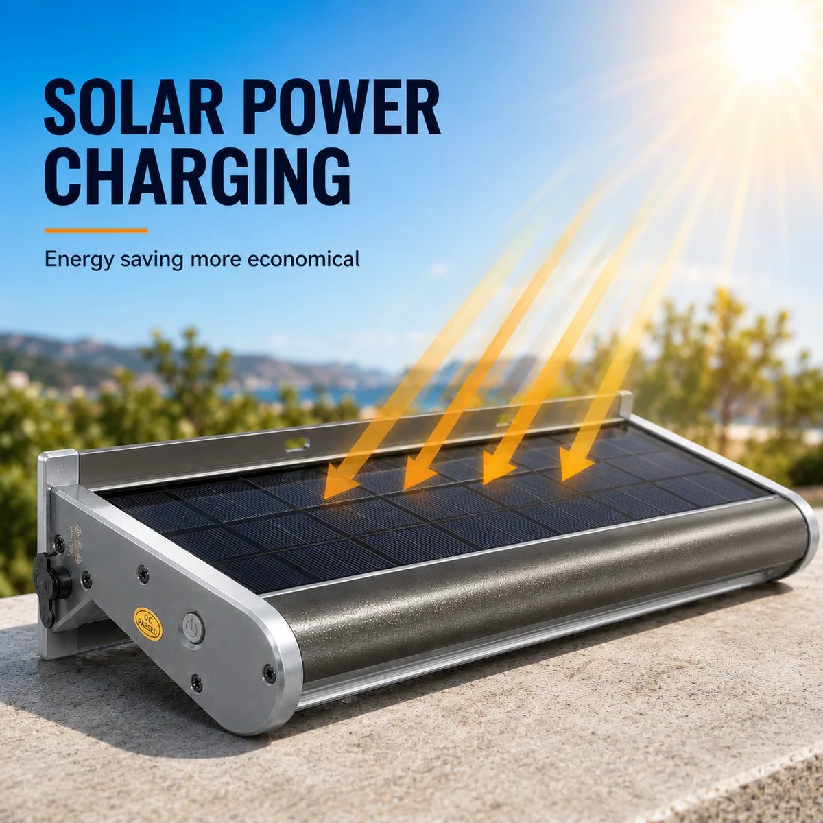 An infographic demonstrating the built-in solar panel layout of a solar powered sign light charging efficiently under direct outdoor sunlight.