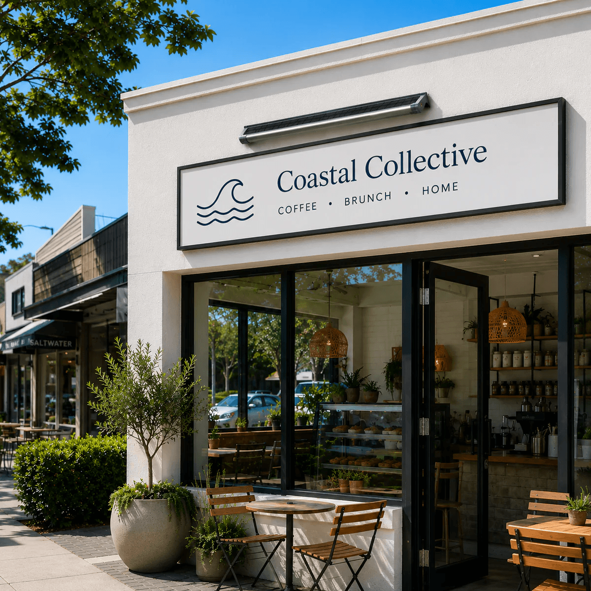A sleek 60cm solar powered sign light mounted seamlessly above a cafe storefront fascia banner to deliver wireless outdoor solar sign lighting across the business entrance.