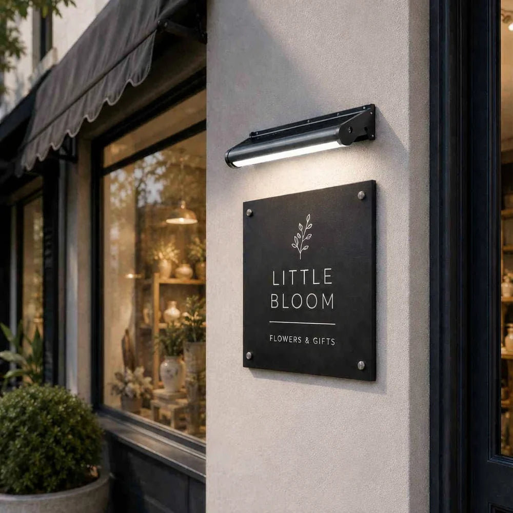 A compact solar powered sign light mounted on a wall above a boutique florist shopfront business board.