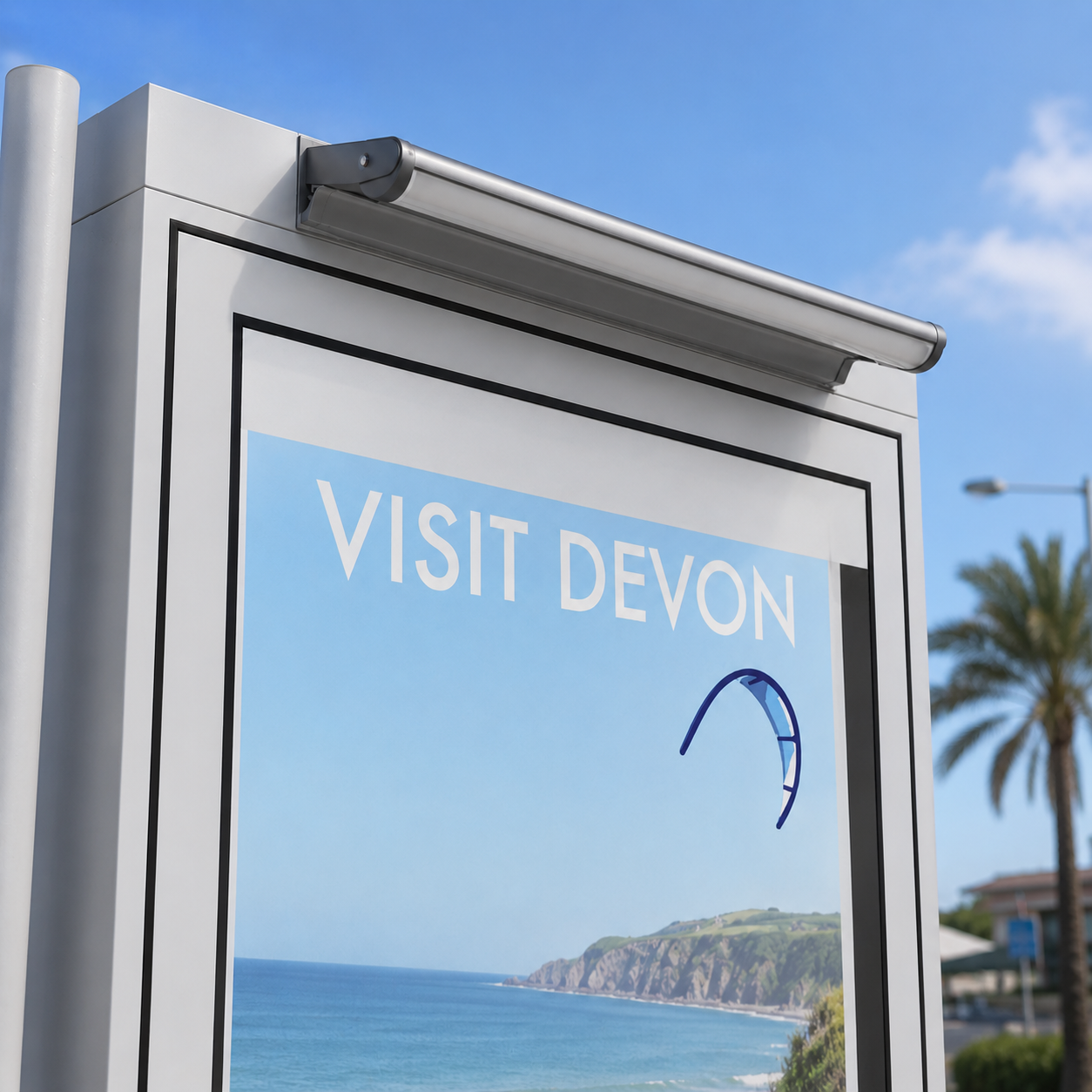A close up shot of a sleek 60cm solar powered sign light mounted to the top frame of a roadside tourism information billboard display board.