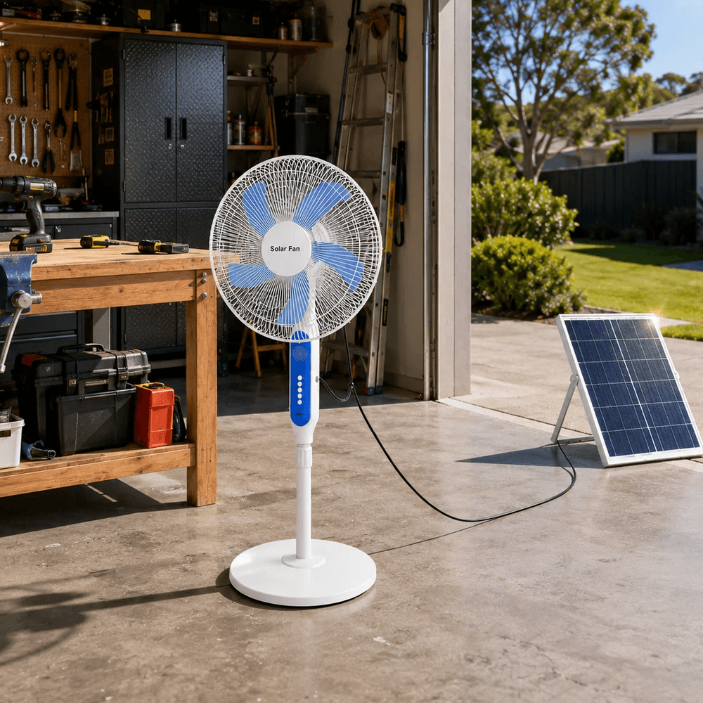 A white and blue solar powered stand fan providing ventilation inside a home garage workshop, running off its solar panel placed on the sunny driveway outside.
