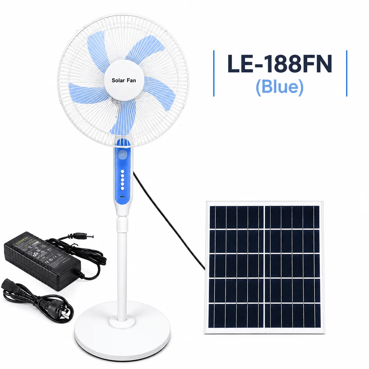 The white and blue LE-188fn solar powered stand fan variant displayed with its matching corded solar panel charging unit and dual-power AC adapter block.