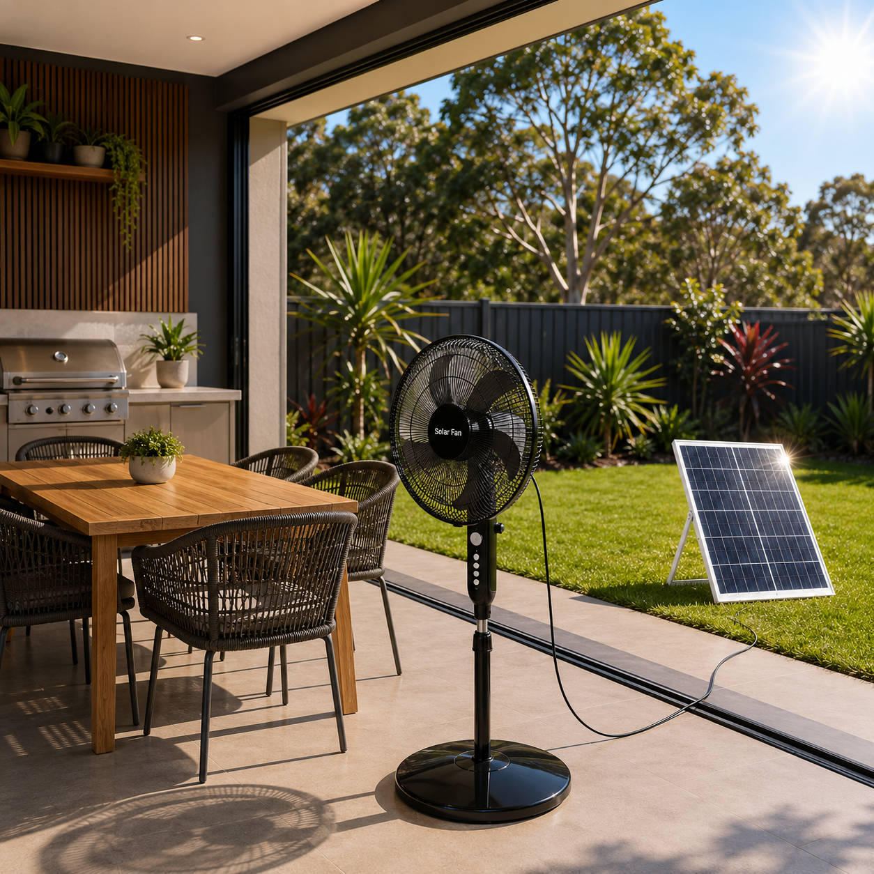 A black solar powered stand fan set up on an outdoor backyard patio next to a dining table, connected to its solar panel on the grass under direct sunlight.