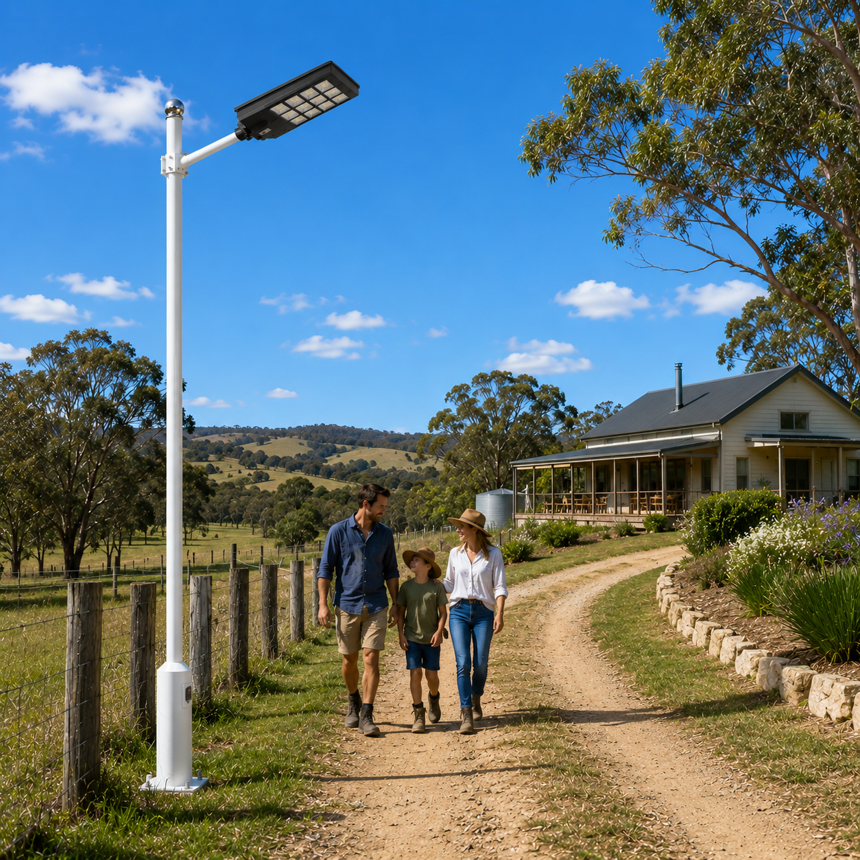Solar powered street light Australia installed on a pole along a rural farm driveway in front of a country homestead