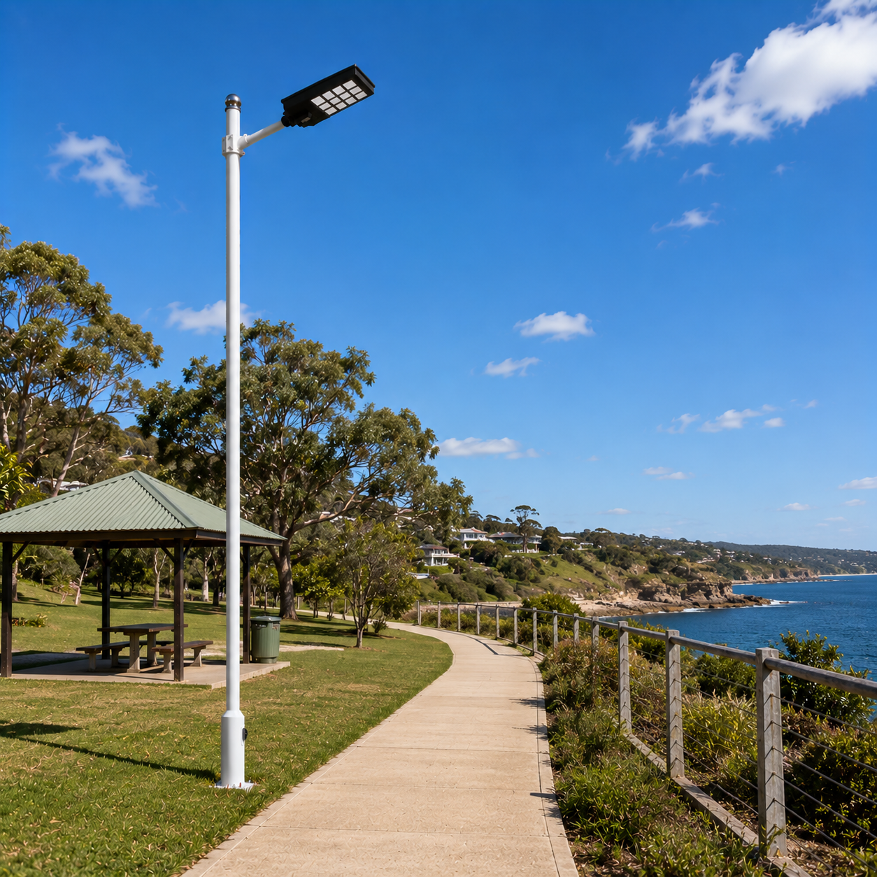 LED solar powered street light Australia installed on a tall white pole along a coastal pathway and park
