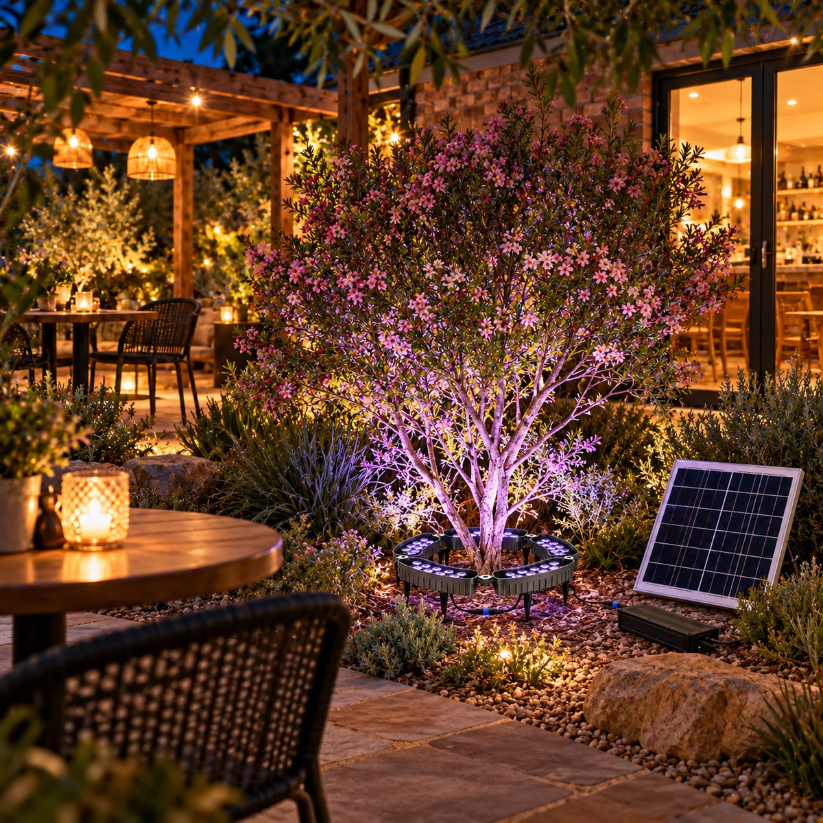 Solar powered 5-head tree ring light illuminating a courtyard feature tree with vibrant pink and purple uplighting beside an outdoor dining table set with candles outside a restaurant patio lounge area