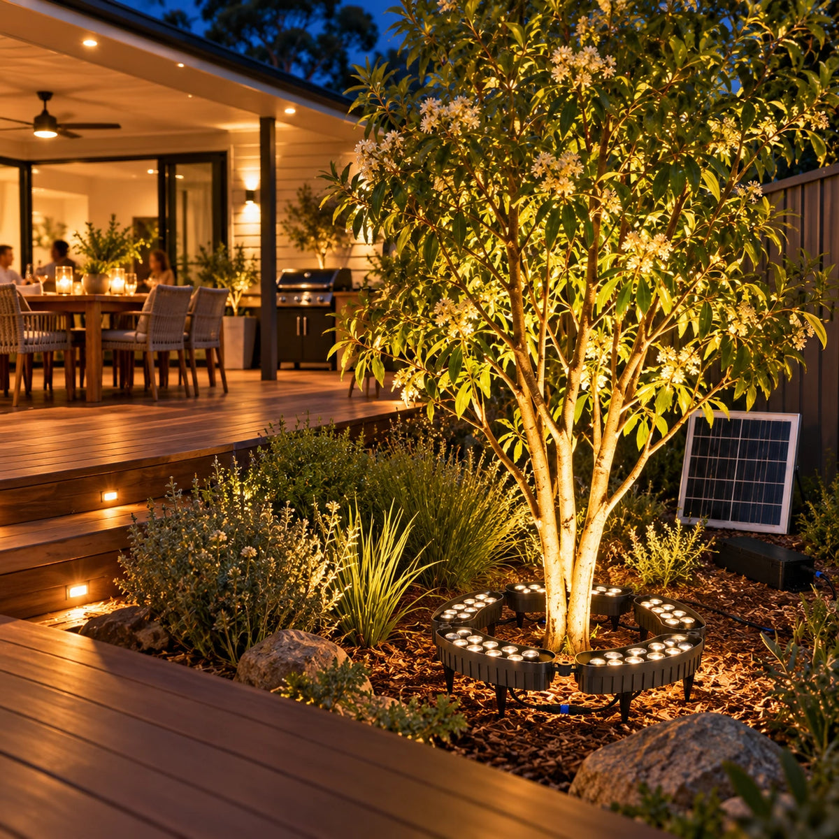 Solar powered 5-head tree ring light illuminating a flowering backyard garden tree with warm white lighting next to a timber deck entertainment patio and outdoor dining area at night