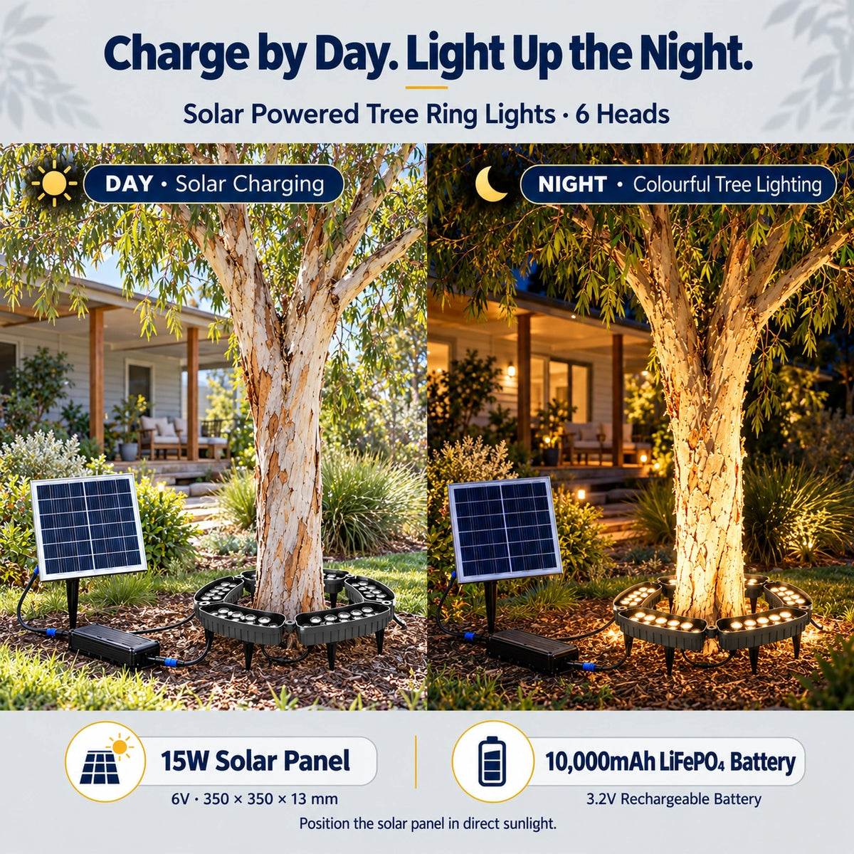 Infographic demonstrating day and night cycle of the 6-head solar tree ring lights, showing daytime solar charging with a 15W panel on the left and nighttime warm white tree lighting powered by a 10000mAh LiFePO4 battery on the right
