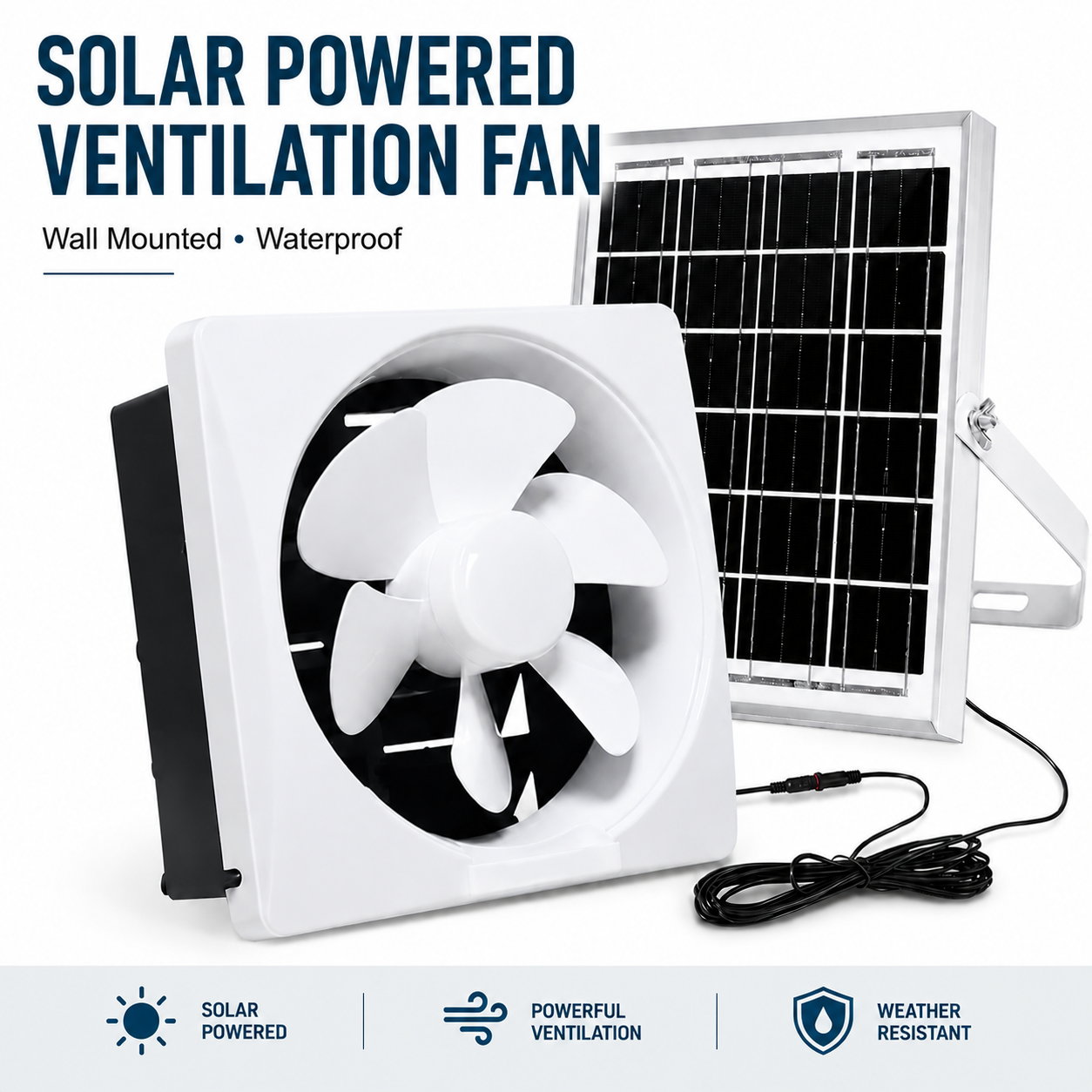 White wall mounted exhaust fan with its connected solar panel, highlighting the waterproof housing design for an eco-friendly solar powered shed fan.