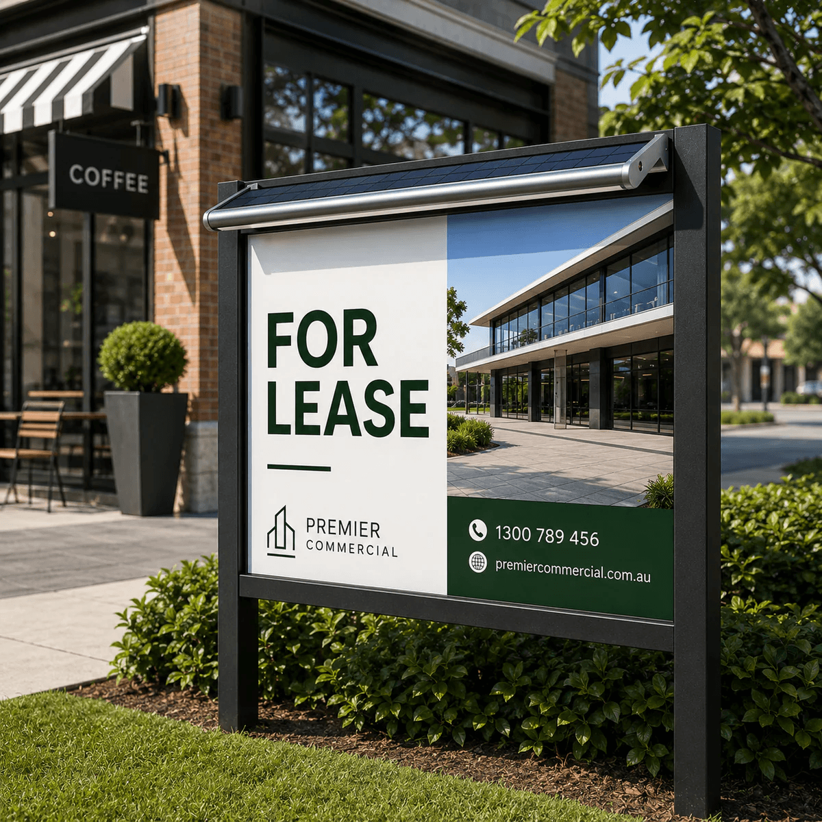 A commercial 60cm solar real estate sign light bar is mounted cleanly onto a premium for lease billboard outside a modern retail office building.