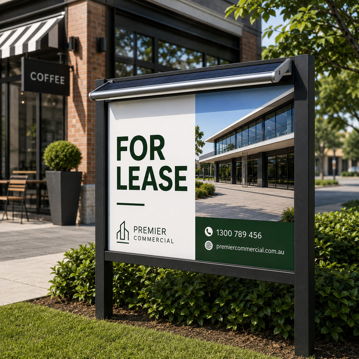A commercial 60cm solar real estate sign light bar is mounted cleanly onto a premium for lease billboard outside a modern retail office building.