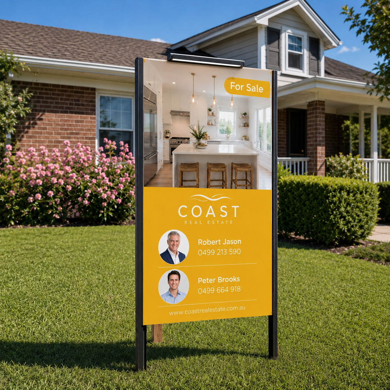 A sleek 60cm solar real estate sign light bar is mounted cleanly at the top of a bright yellow residential for sale board on a front yard lawn.
