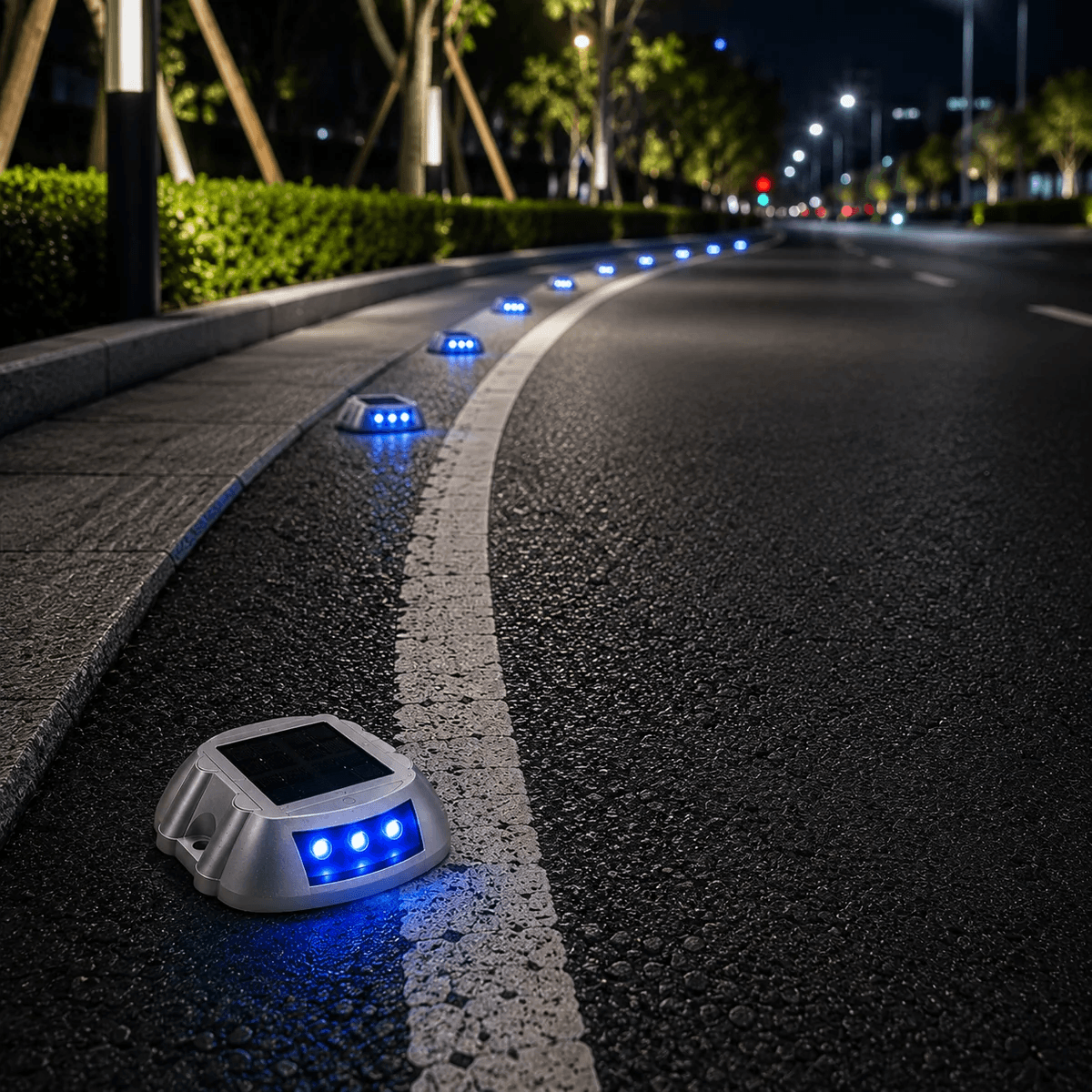 Solar road marker lights with blue LED lining a curved Australian road kerb at night, providing clear directional guidance and road safety visibility