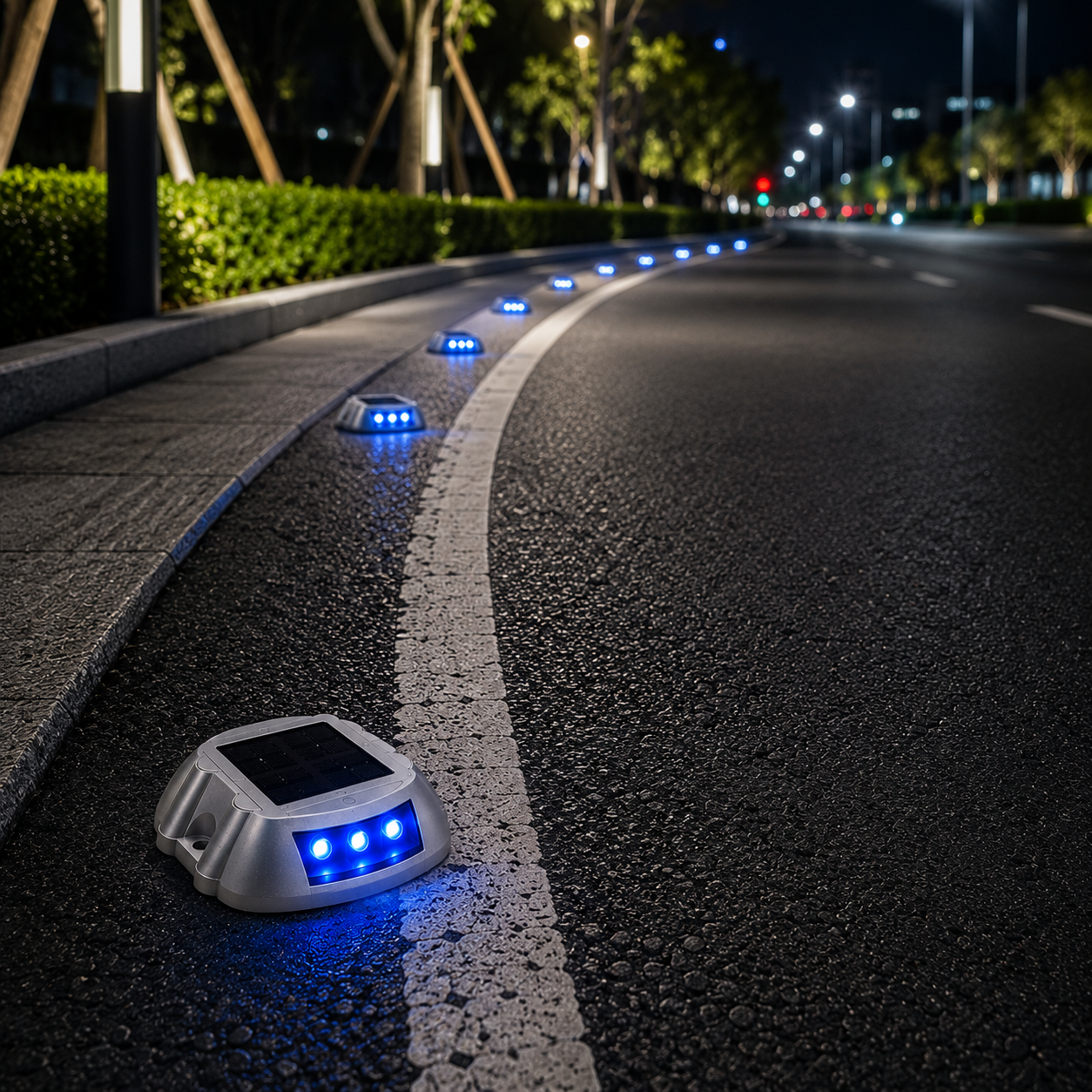 Solar road marker lights with blue LED lining a curved Australian road kerb at night, providing clear directional guidance and road safety visibility