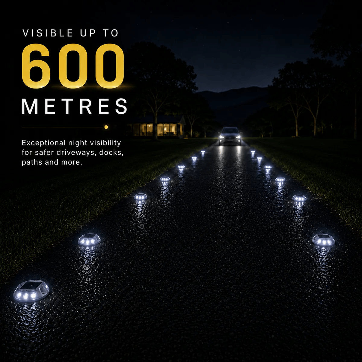 Solar road stud lights Australia lining a rural driveway at night, visible up to 600 metres for exceptional night visibility on driveways, docks and paths