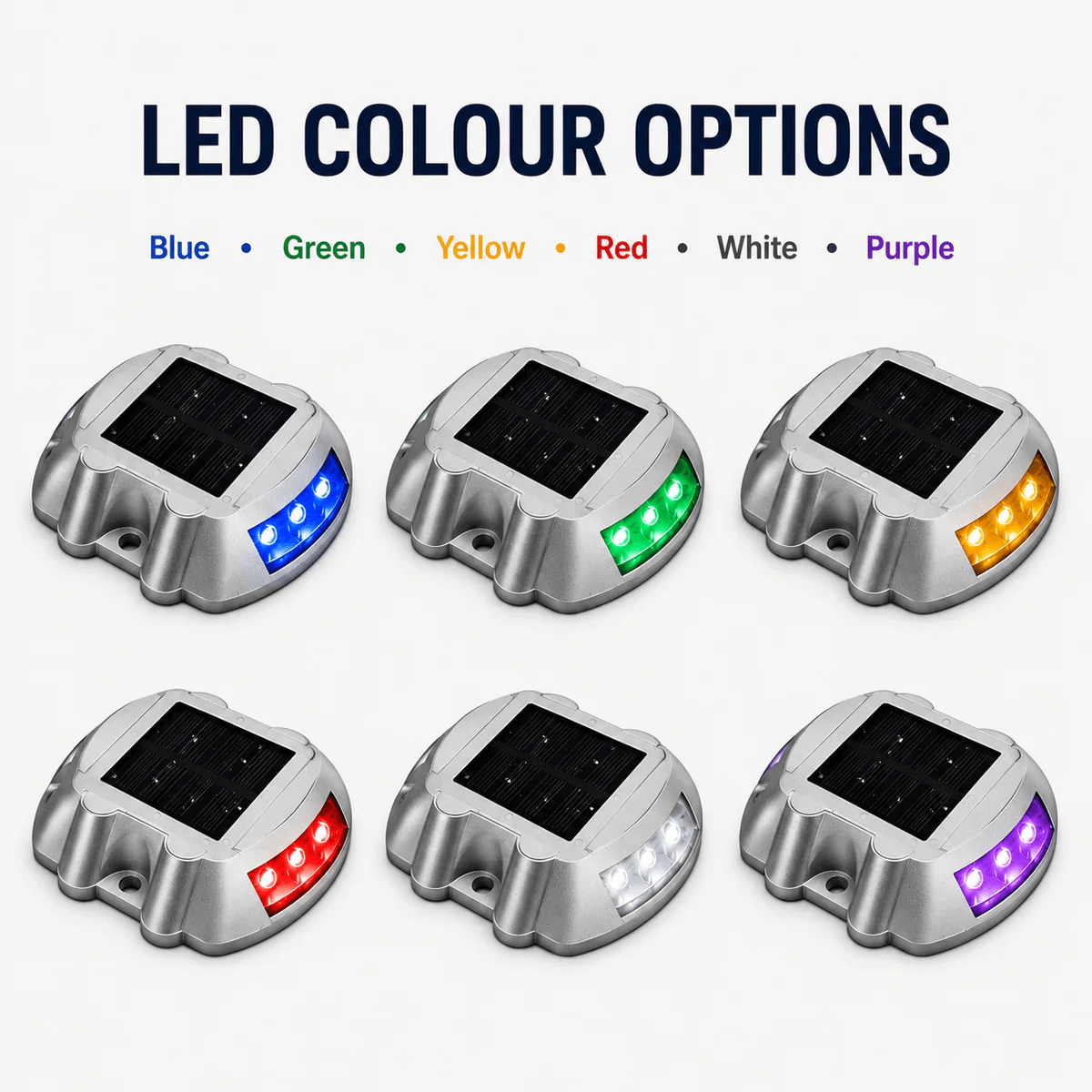 Solar road stud lights Australia available in 6 LED colour options – blue, green, yellow, red, white and purple – aluminium IP68 driveway and dock marker lights