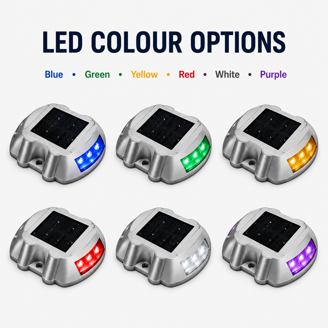 Solar road stud lights Australia available in 6 LED colour options – blue, green, yellow, red, white and purple – aluminium IP68 driveway and dock marker lights