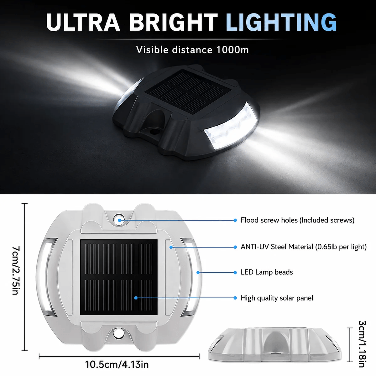 Solar road stud lights Australia – ultra bright LED with 600m visible distance, anti-UV steel material, high quality solar panel and flood screw holes, dimensions 10.5 x 7 x 3cm
